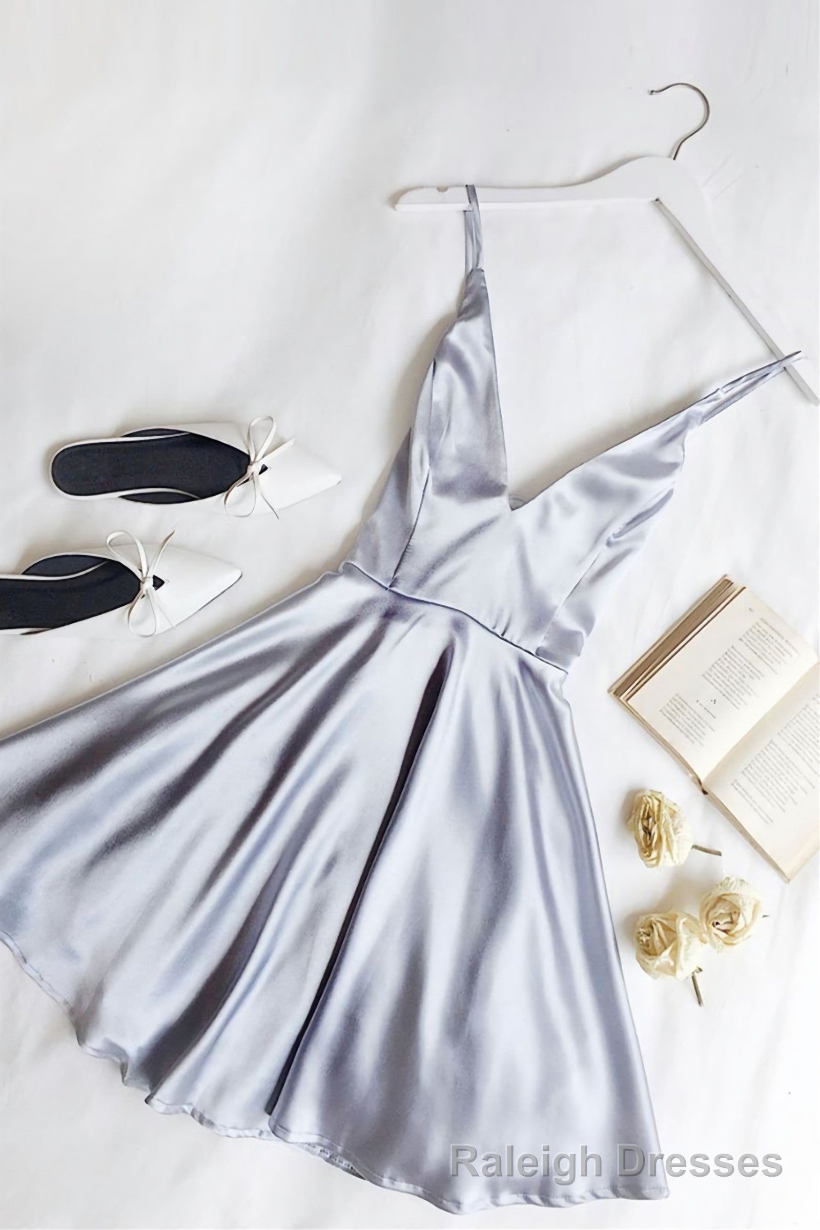 Cute Light Blue V Neck Satin Short Light Blue Homecoming Dresses