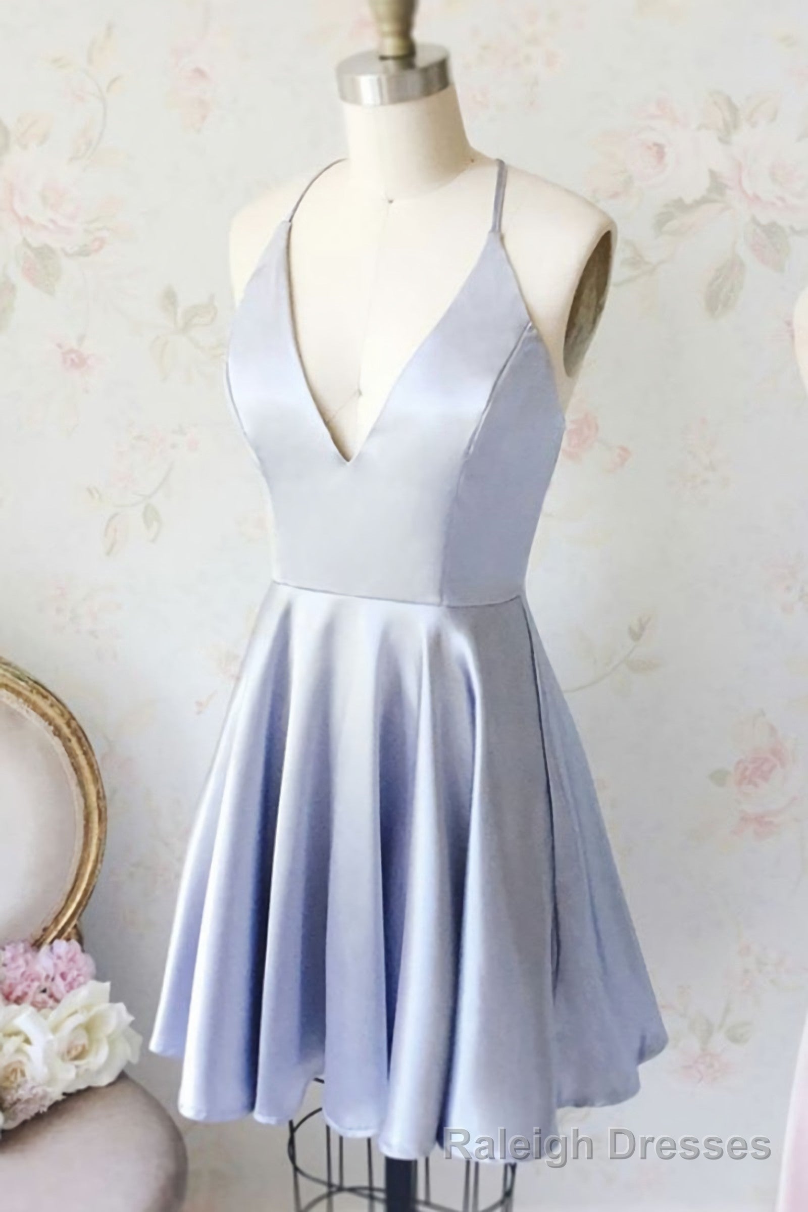 Cute Light Blue V Neck Satin Short Light Blue Homecoming Dresses Main image