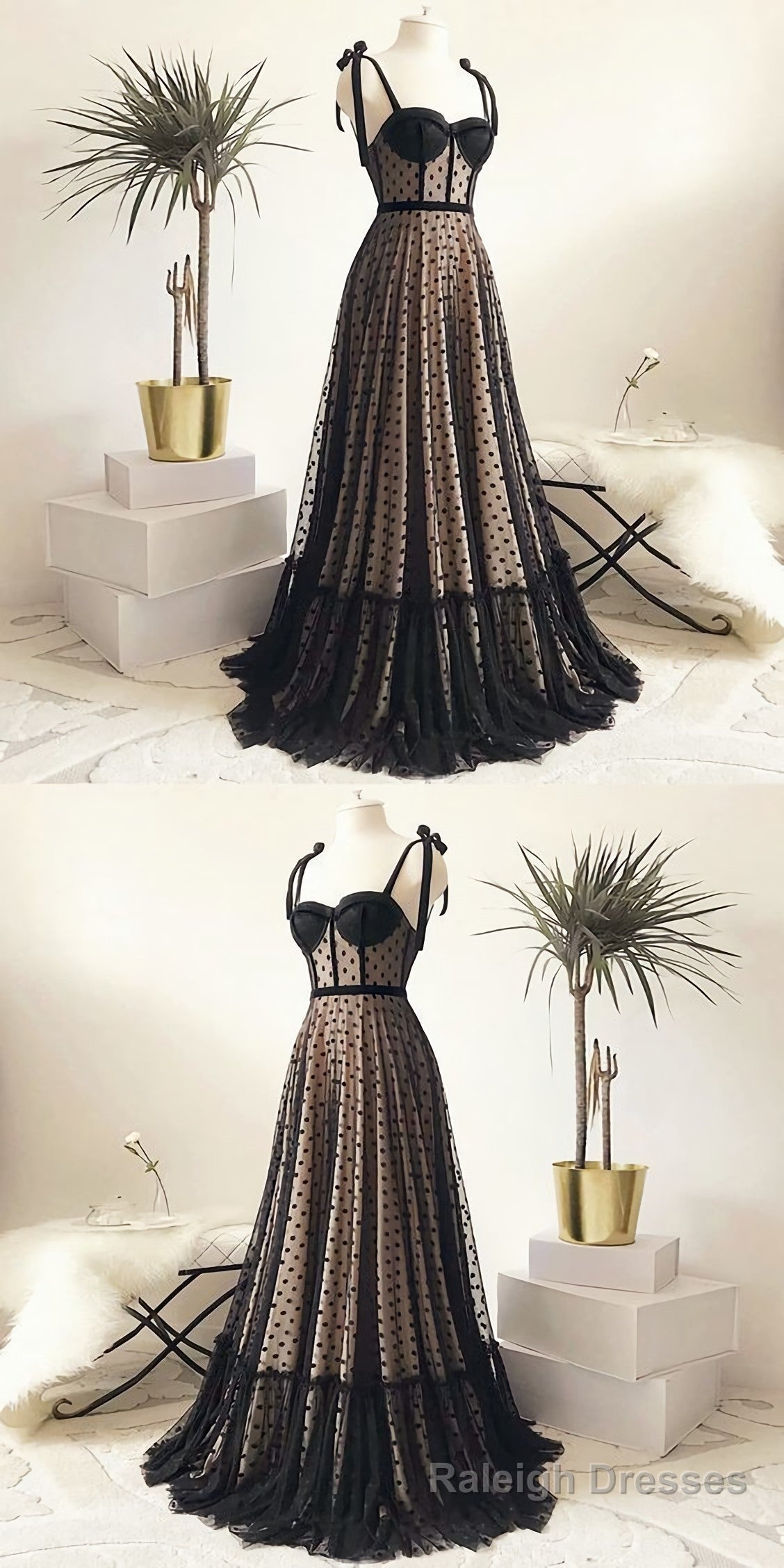 Vintage Polka Dots Spaghetti Straps Black Long Prom Dress
