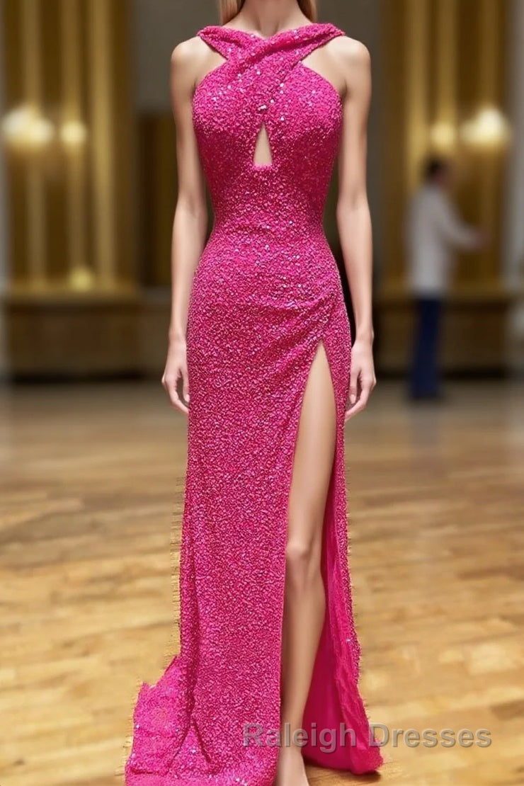 Cross Front Hot Pink Sequins Mermaid Long Formal Dress