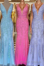 Plunge V Neck Lace Appliques Long Prom Dress