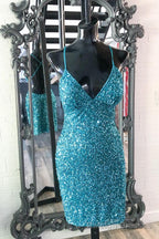 Turquoise Sequins Straps Bodycon Mini Prom Dress