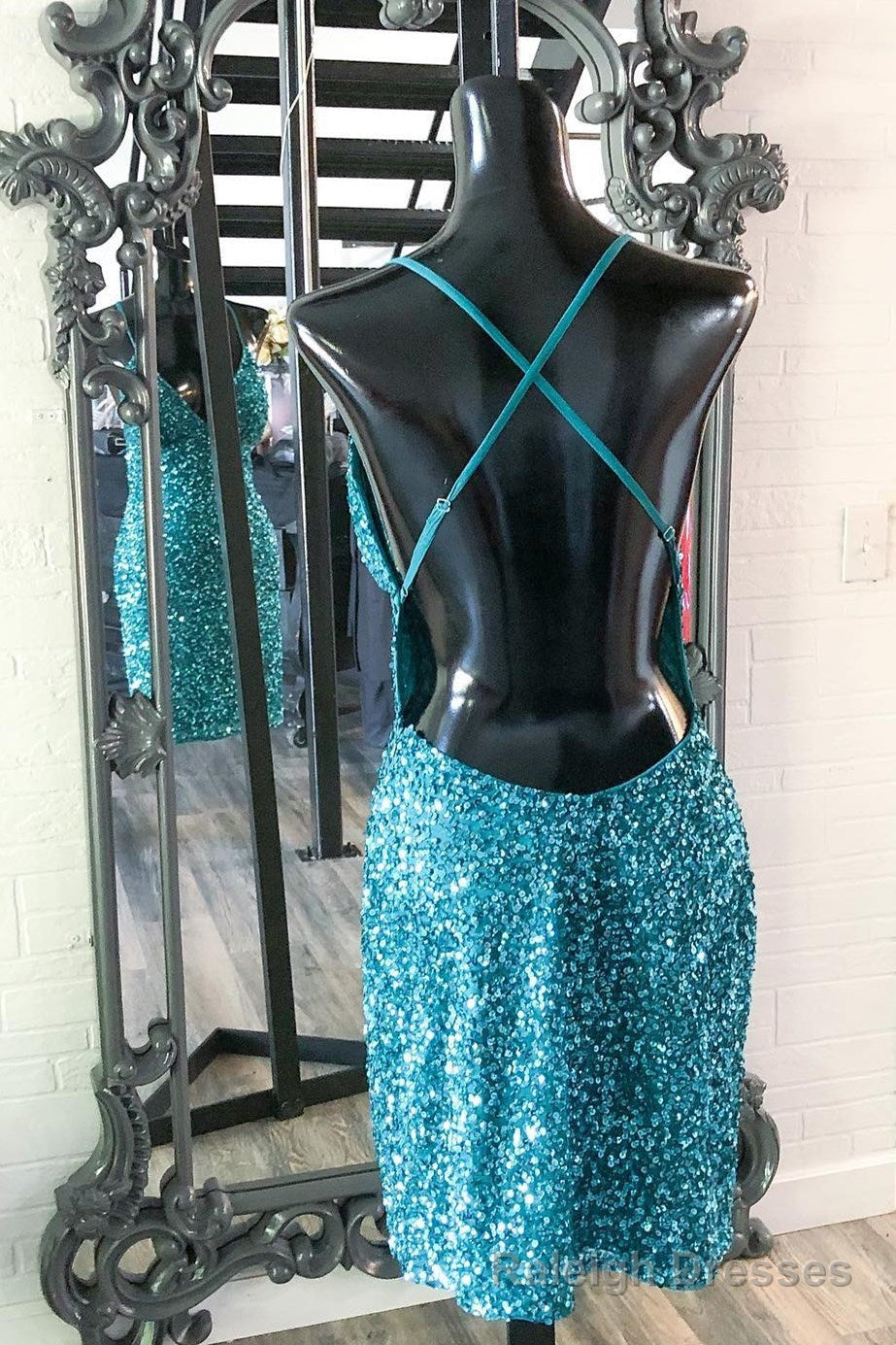 Turquoise Sequins Straps Bodycon Mini Party Dress Secondary image