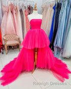 High Low Hot Pink Strapless Formal Gown