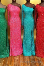 One Shoulder Long Sleeve Mermaid Sequin Long Dress