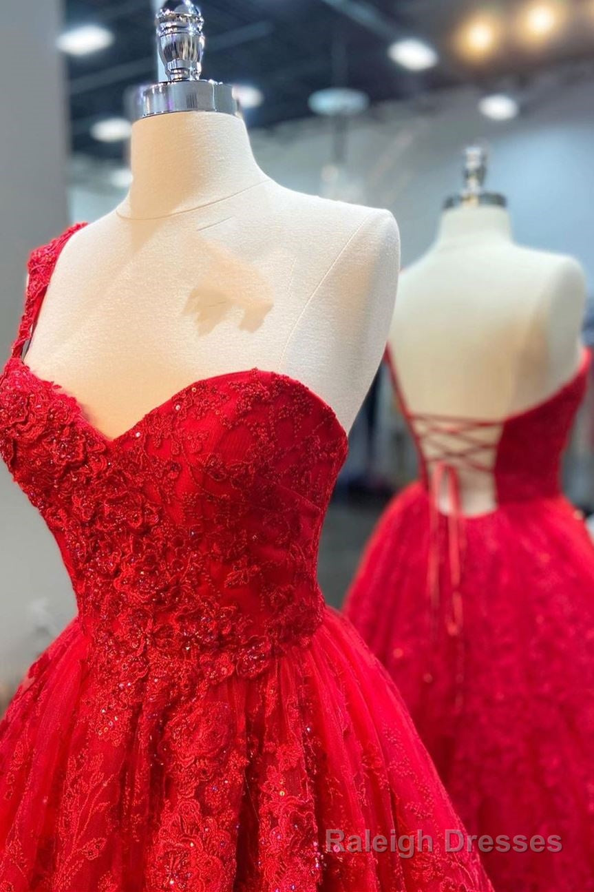 One Shoulder Red A Line Appliques Tulle Formal Gowns Secondary image