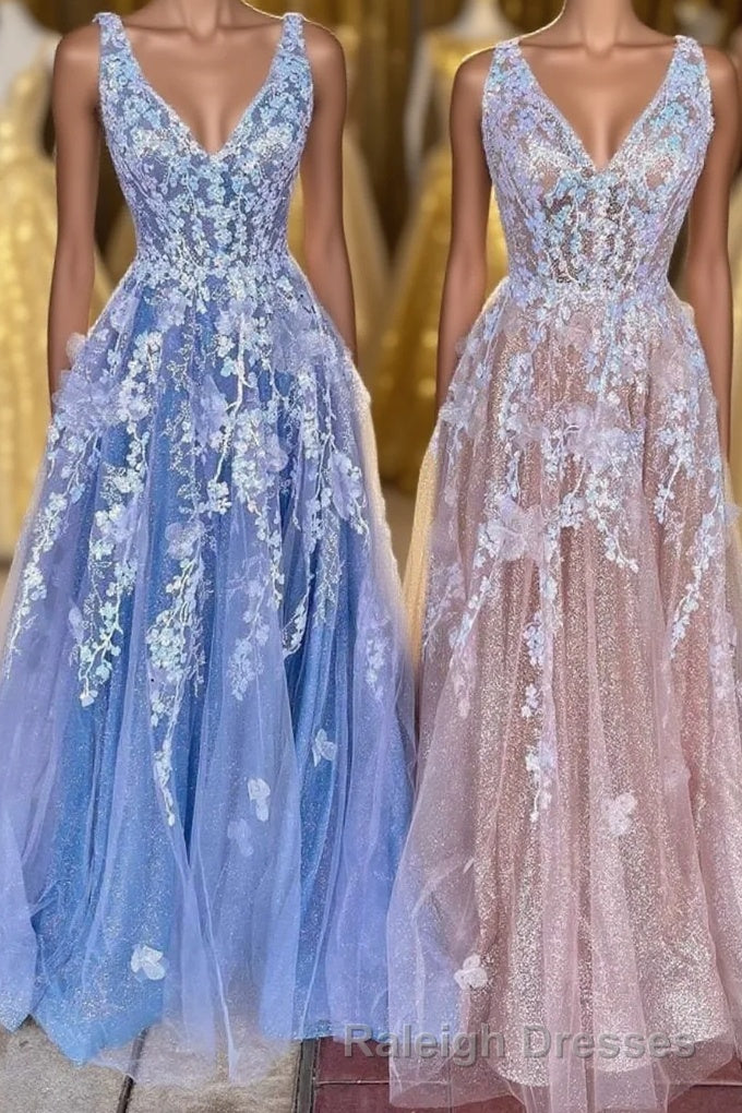 A Line Appliques Tulle Long Prom Dresses