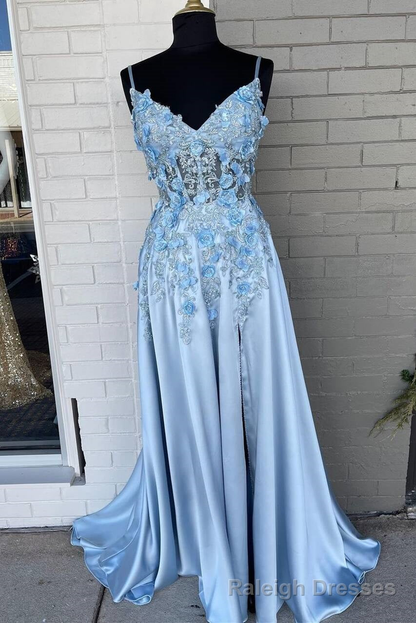 Light Blue A-line 3D Flowers Satin Long Prom Dress Main image