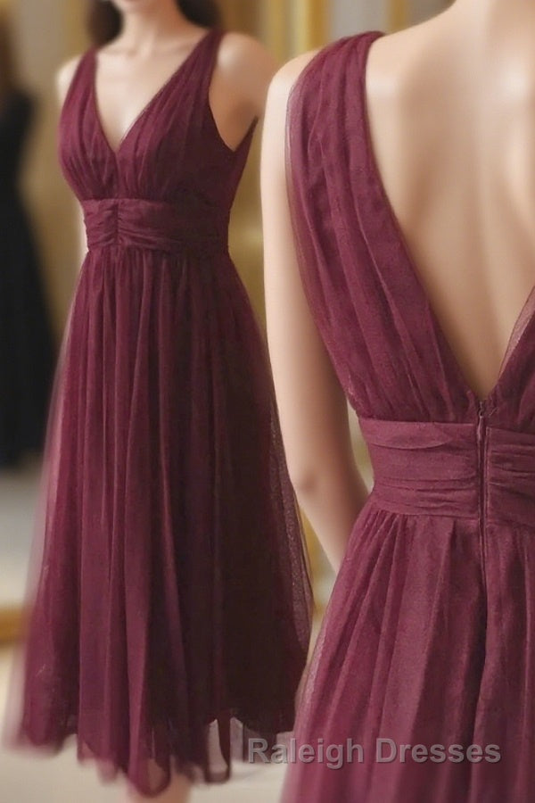 V-neck Sleeveless Tulle Mid length Prom Dresses, Homecoming Dresses