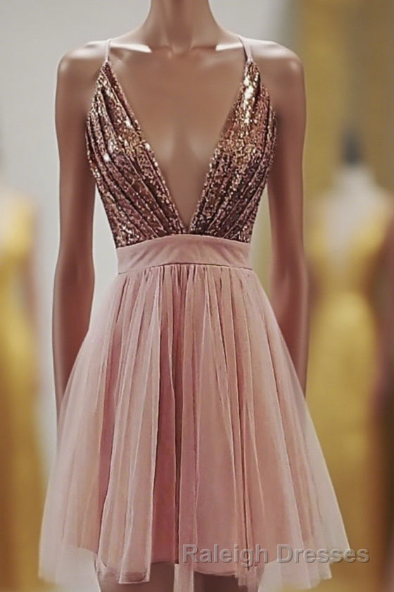 Deep V-neck Spaghetti Straps Sleeveless Sequins Short Prom Dresses, Homecoming Dresses Main image