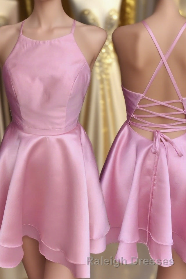 Candy Pink Spaghetti Straps Sleeveless Stain Short Prom Dress Homecoming Dress Main image