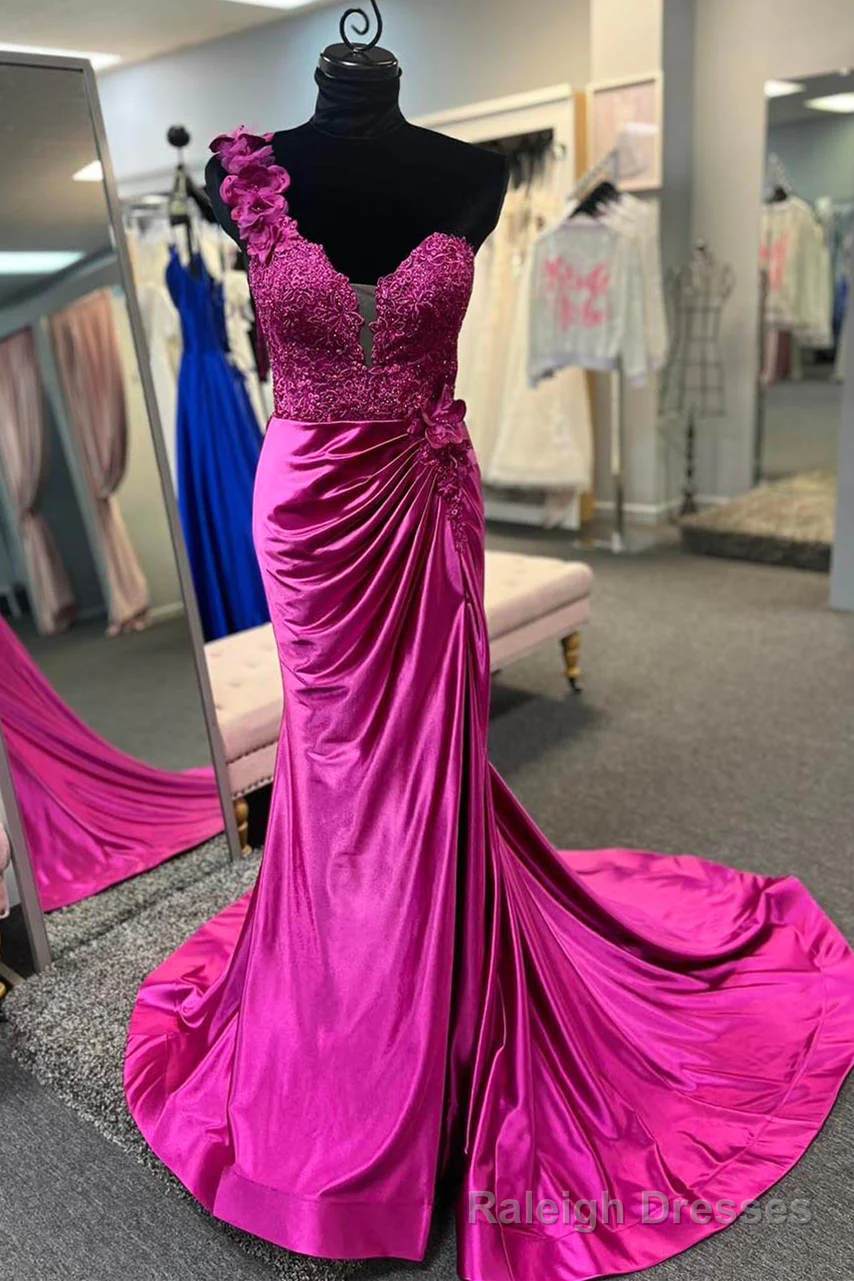 Fuchsia One Shoulder Ruched Mermaid Long Prom Dress with 3D Flowers Main image