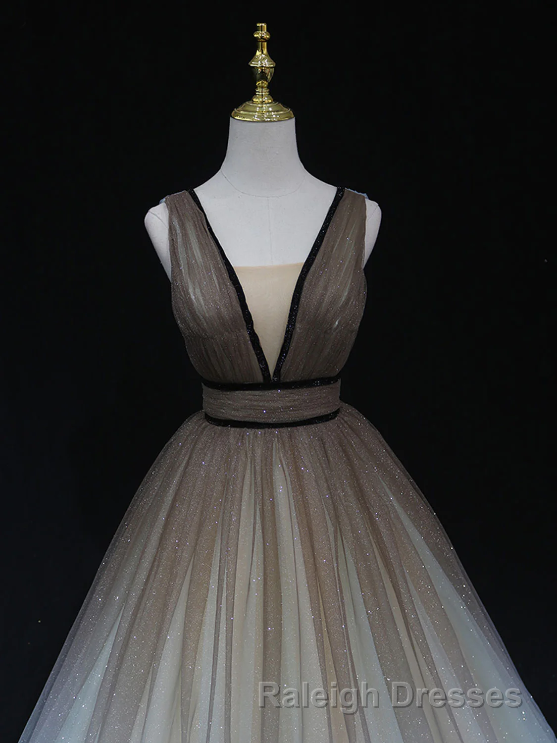 Glitter A-Line V Neck Tulle Long Prom Dress Tulle Long Formal Party Dress