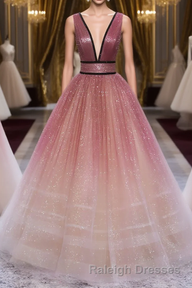 Glitter A-Line V Neck Tulle Long Prom Dress Tulle Long Formal Party Dress Main image