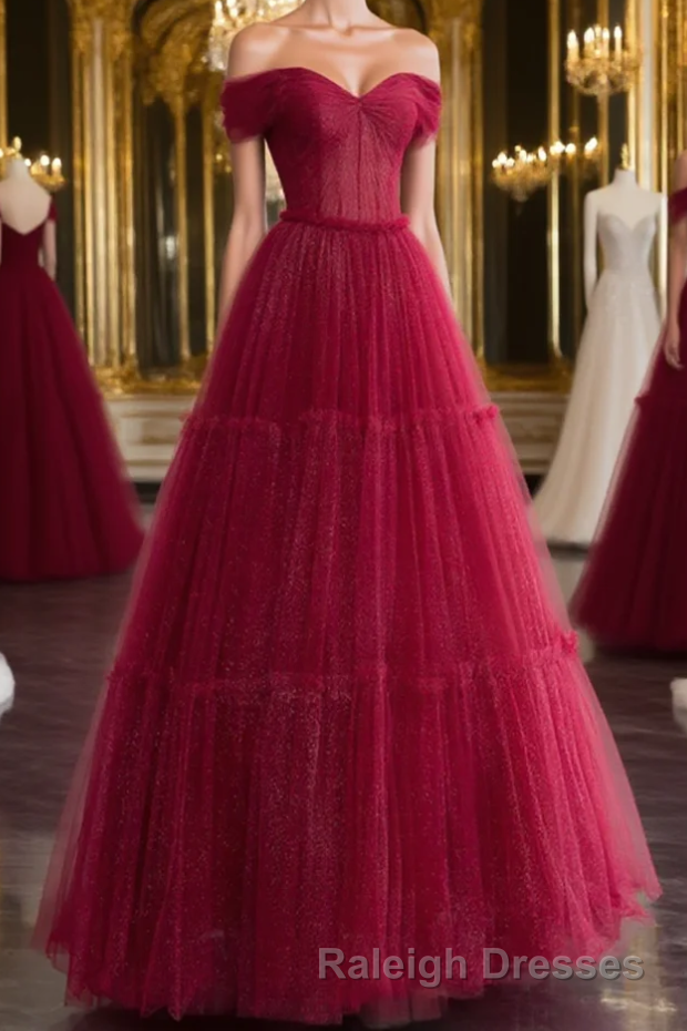 Burgundy A-line Off Shoulder Tulle Shiny Long Prom Dress