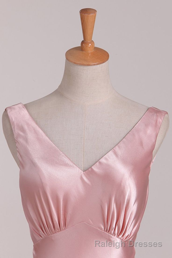 Pink V Neck Satin Backless Long Party Dress Bridesmaid Dress