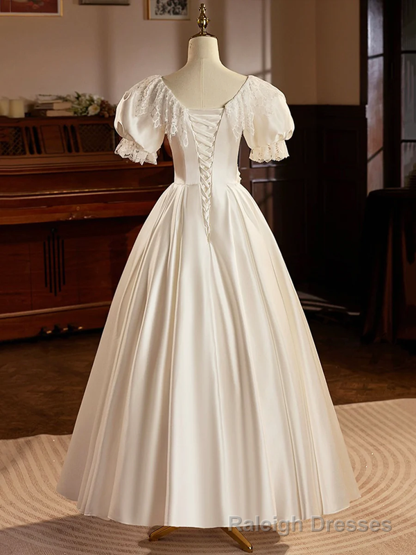 White Satin Short Sleeves Tea Length Lace Retro A Line Prom Dress Secondary image