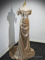 Gold Sequins Off Shoulder Mermaid Long Prom Dress Prom Prom Dress