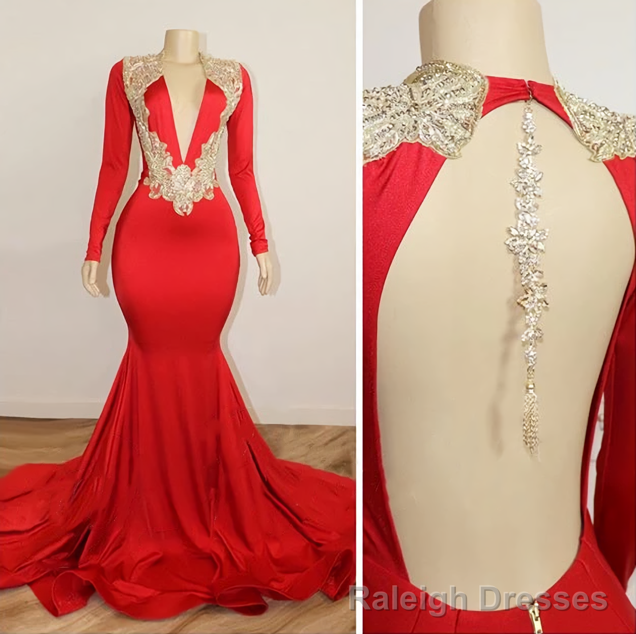 Black Girl Prom Dresses, Long Sleeve Red Prom Dresses With Beads Crystals V Neck Open Back Sexy Prom Gown Cheap Main image
