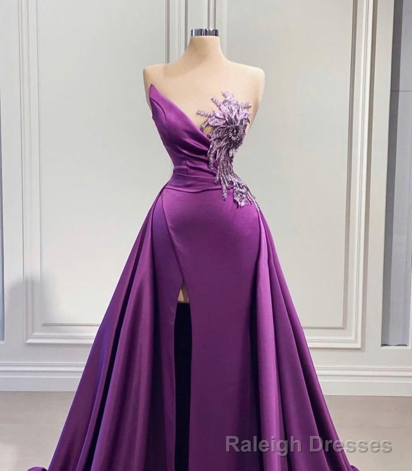 Purple Mermaid Dress With High Slit Detachable Train Wedding Reception Dress, Satin Lace Wedding Dress, African Prom Dress, Prom Dress Secondary image