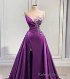 Purple Mermaid Dress With High Slit Detachable Train Wedding Reception Dress, Satin Lace Wedding Dress, African Prom Dress, Prom Dress