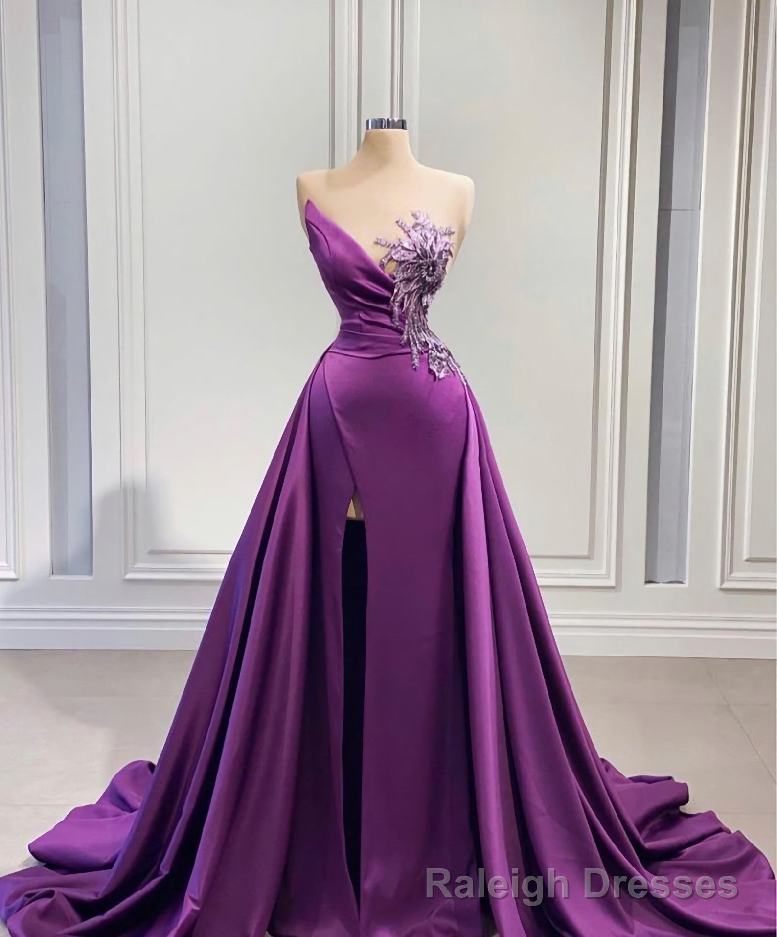 Purple Mermaid Dress With High Slit Detachable Train Wedding Reception Dress, Satin Lace Wedding Dress, African Prom Dress, Evening Dress Main image