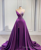 Purple Mermaid Dress With High Slit Detachable Train Wedding Reception Dress, Satin Lace Wedding Dress, African Prom Dress, Prom Dress