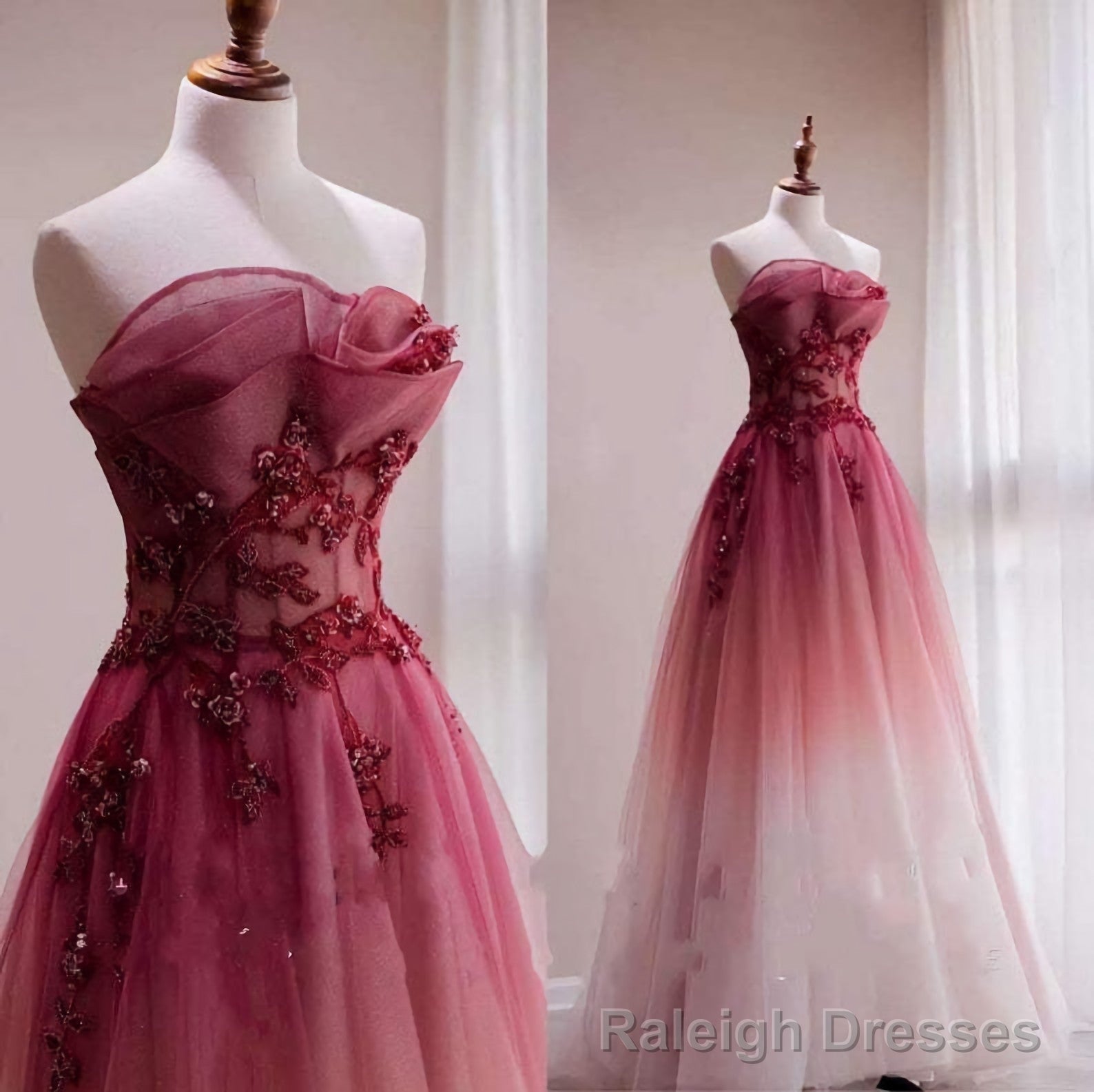 Red Gradient Prom Dress, Vintage Wedding Dress, Red Strapless Prom Dress With Beaded Bridal Dress, Red Ombre Prom Dress, Aline Formal Dress Main image