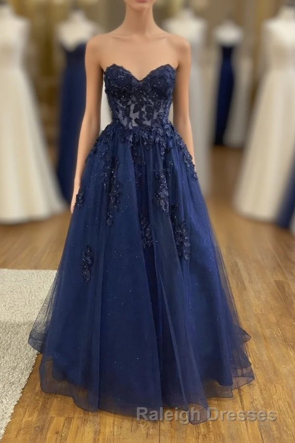 Dark Navy Long A Line Tulle Lace Backless Prom Dress