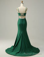 Dark Green Spaghetti Straps Corset back Prom Dress With Split