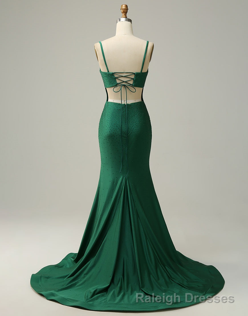Dark Green Spaghetti Straps Corset back Prom Dress With Split