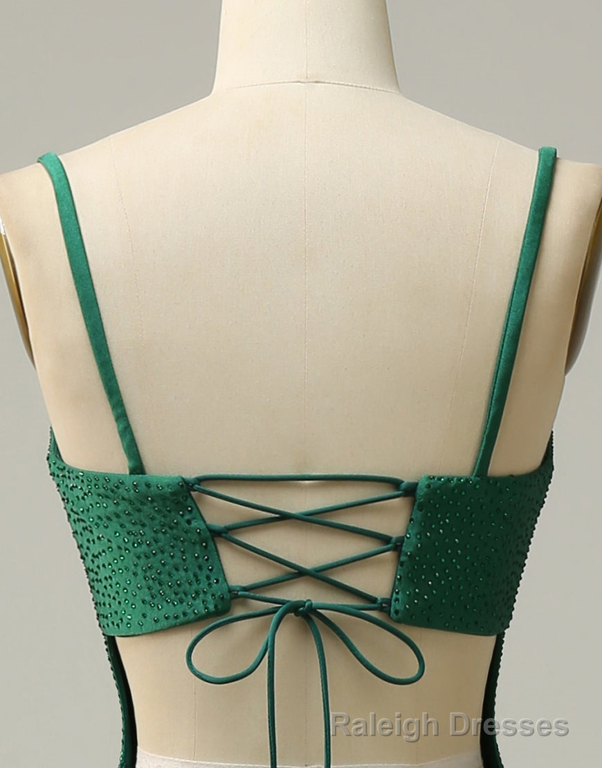 Dark Green Spaghetti Straps Corset back Prom Dress With Split