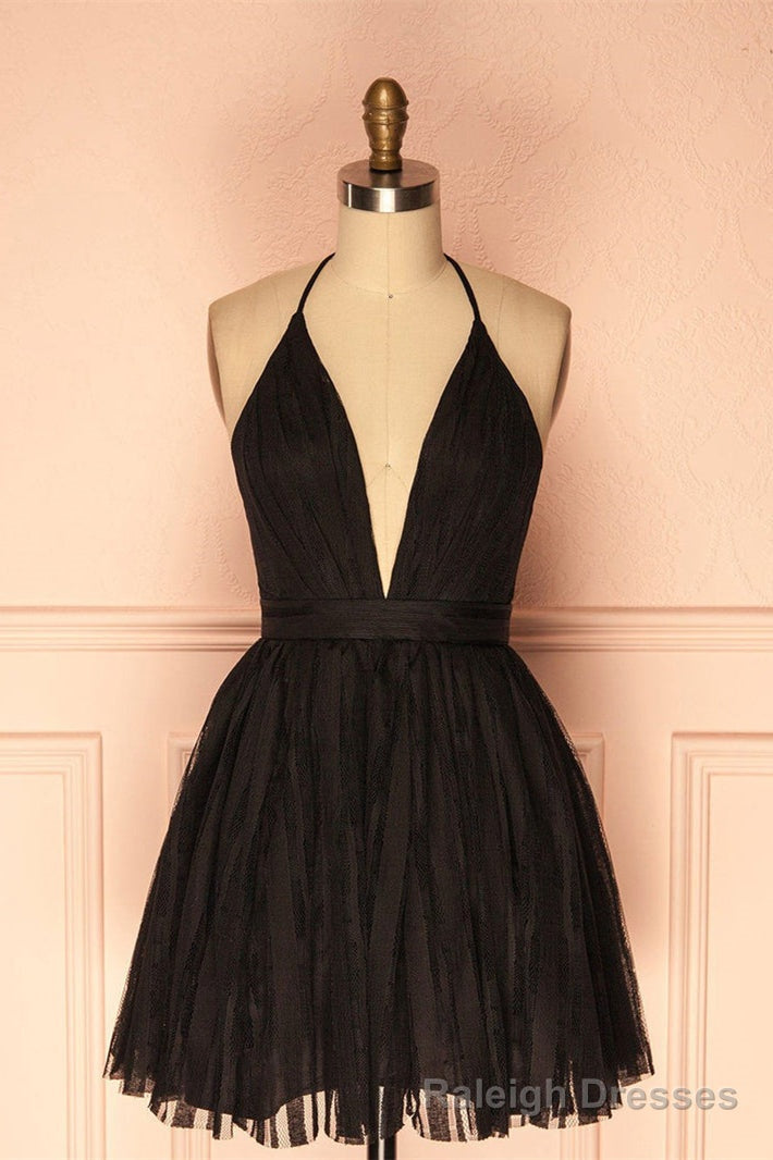 Deep V Neck Short Black Tulle Homecoming Dress Main image