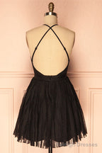 Deep V Neck Short Black Tulle Homecoming Dress