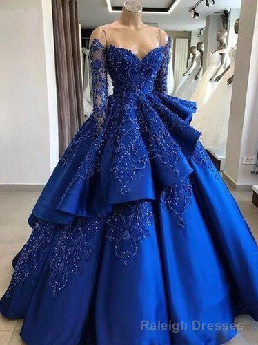 Sparkly Beading Ball Gown Satin Royal Blue Prom Dress with Sleeves Quinceanera Dress Main image