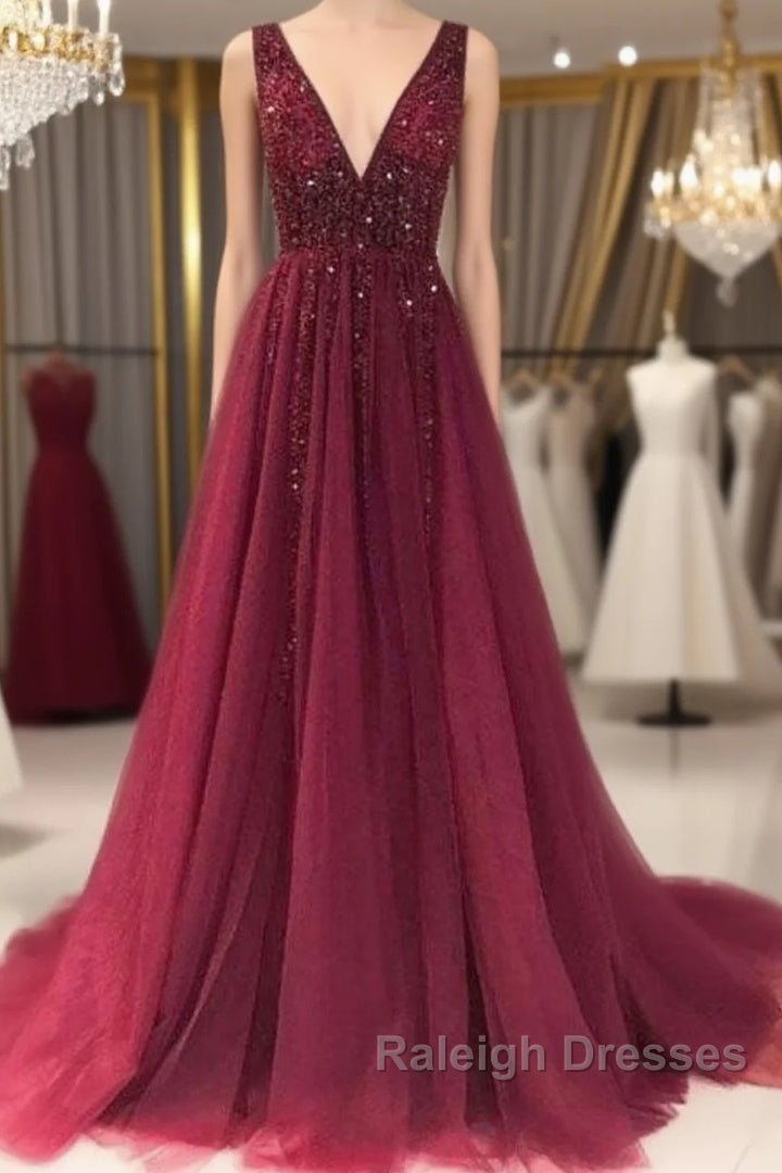 Custom Made Burgundy Tulle Lace Appliques Top Prom Dresses Long Main image