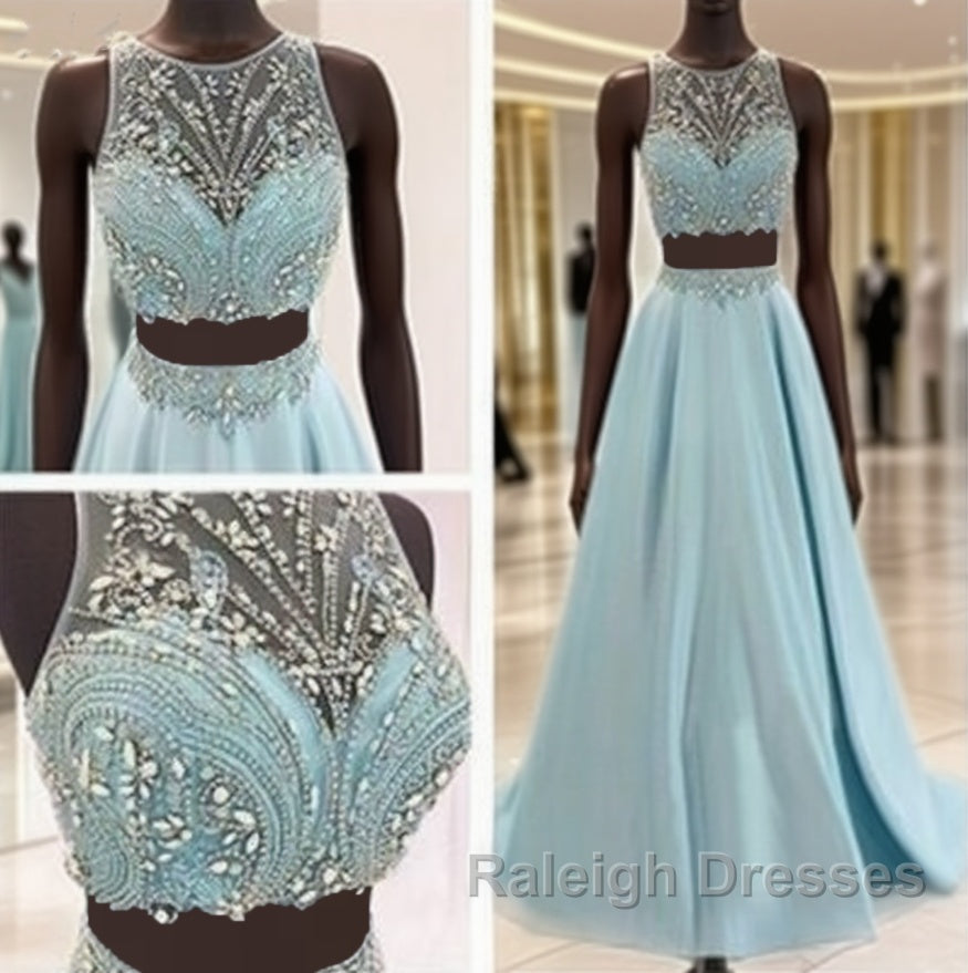 Blue Two Piece Bead Top Ball Gown Prom Dress
