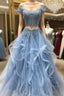 Dusty Blue Two Piece Off Shoulders Ruffles Skirt Prom Dress