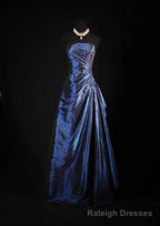 Vintage Ball Gown Strapless Navy Blue Satin Long Prom Dresses Party Dress