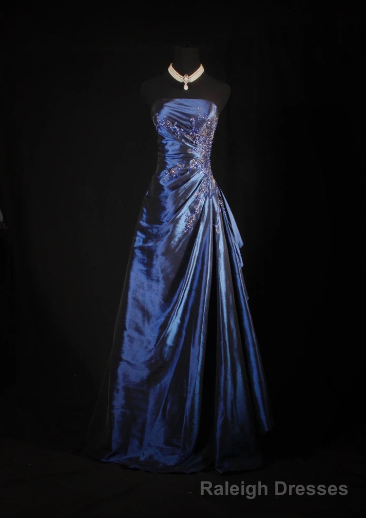 Vintage Ball Gown Strapless Navy Blue Satin Long Prom Dresses Party Dress