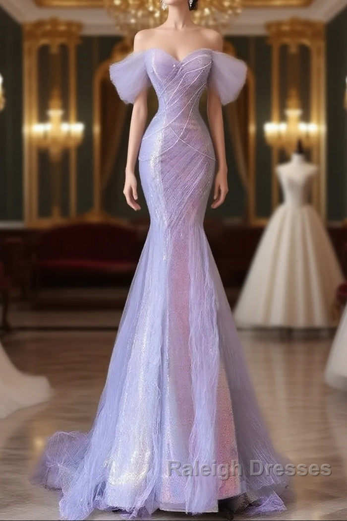 Purple Sweetheart Sequin Beaded Mermaid Long Prom Dress,Purple Tulle Train Prom Gown Main image