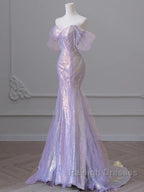 Purple Sweetheart Sequin Beaded Mermaid Long Prom Dress,Purple Tulle Train Prom Gown