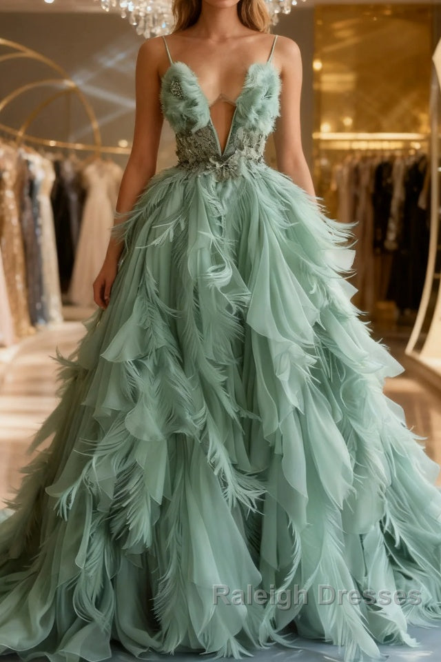 Mint Green A-line Spaghetti Strap Tulle Long Prom Dress, Elegant Evening Dress Main image
