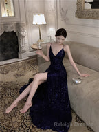 Navy Blue Spaghetti Strap A-Line V-Neck Sequined Long Prom Dress, Adult Ceremony Graduation Evening dress