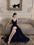 Navy Blue Spaghetti Strap A-Line V-Neck Sequined Long Prom Dress, Adult Ceremony Graduation Evening dress