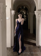 Navy Blue Spaghetti Strap A-Line V-Neck Sequined Long Prom Dress, Adult Ceremony Graduation Evening dress