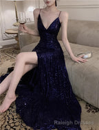 Navy Blue Spaghetti Strap A-Line V-Neck Sequined Long Prom Dress, Adult Ceremony Graduation Evening dress