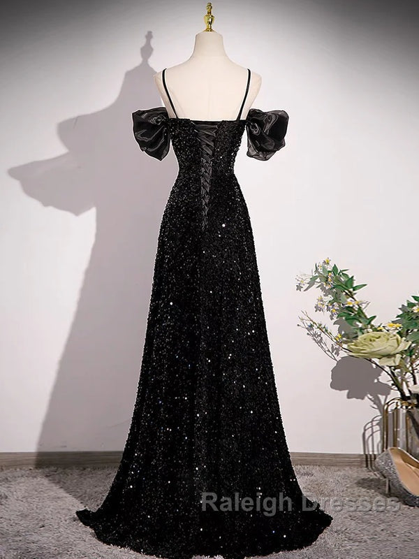 A Line Off Shoulder Velvet Sequin Long Black Prom Dresses Black Long Prom Dresses