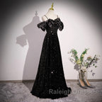 A-Line Off Shoulder Velvet Sequin Long Black Prom Dress, Black Long Evening Dress