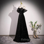A Line Off Shoulder Velvet Sequin Long Black Prom Dresses Black Long Prom Dresses